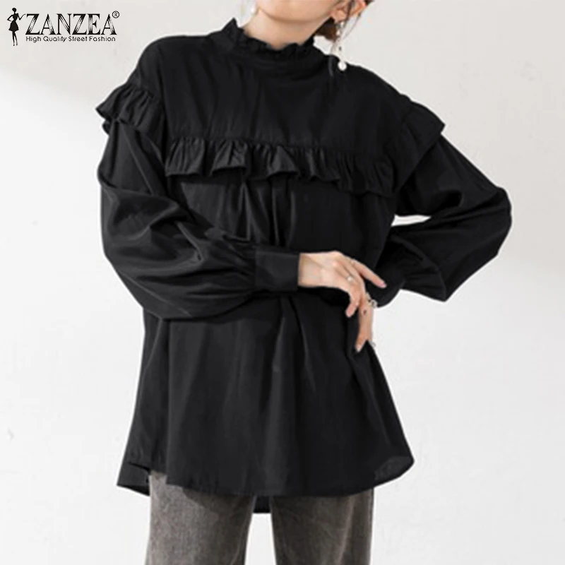 

2022 Spring Blusas Vintage Solid Chemise Women Elegant Full Sleeve Blouse ZANZEA Casual Loose Ruffle Shirt Femininas Tunic Tops