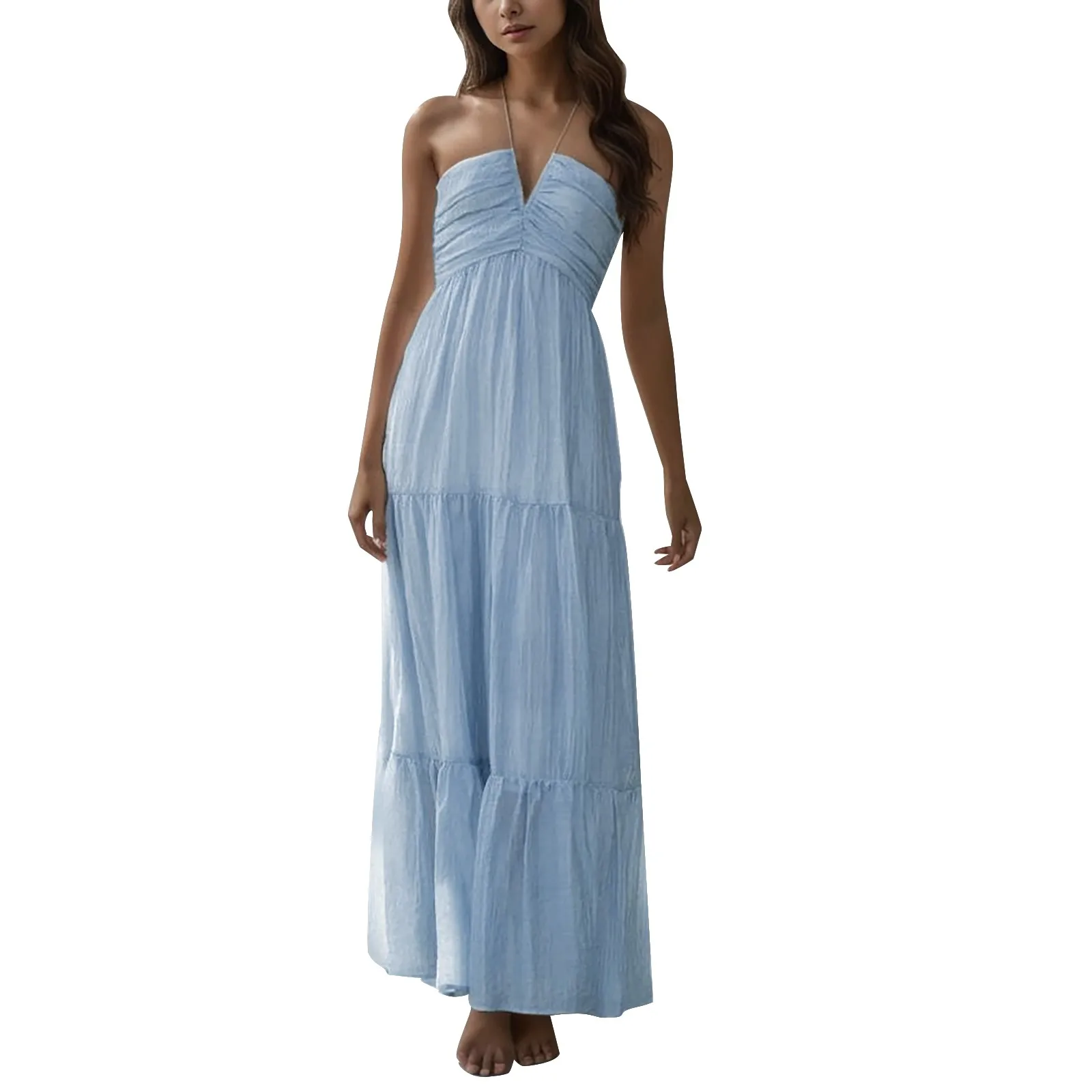 

Женское однотонное платье на бретельках с V-образным вырезом