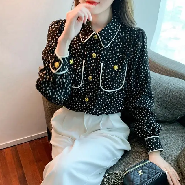 

Женская шифоновая рубашка с цветочным принтом, длинным рукавом и пуговицами