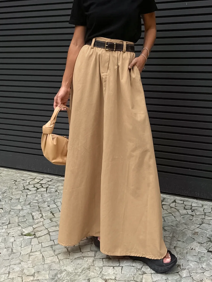 

Clothland Women Elegant Khaki Black Long Skirt Zipper A Line European Style Female Ankle Length Skirts Mujer BA247