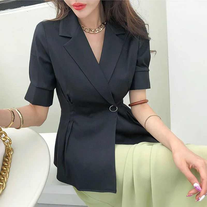 2021 Summer Ladies Elegant Temperament Short Pleated Short-sleeved Slim Single Button Fashion Small Suit Ladies Women Clothing