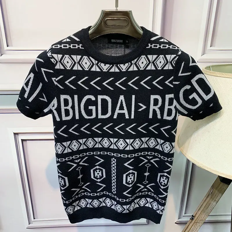 

Men's Knitted Sweater 2022 Fall/Winter Fashion Personality Letter Jacquard Crewneck Slim Backing Shirt Short Sleeve