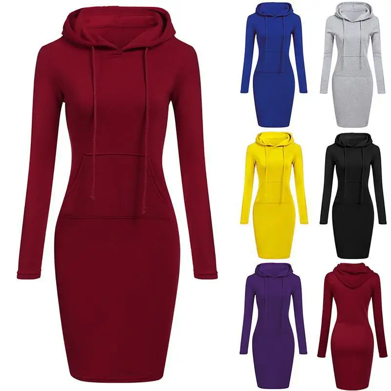 

Autumn and Winter New Fashion Women's Solid Color Hooded Long-sleeved Dress Casual Office Commuting Spring Dresses Female & Lady