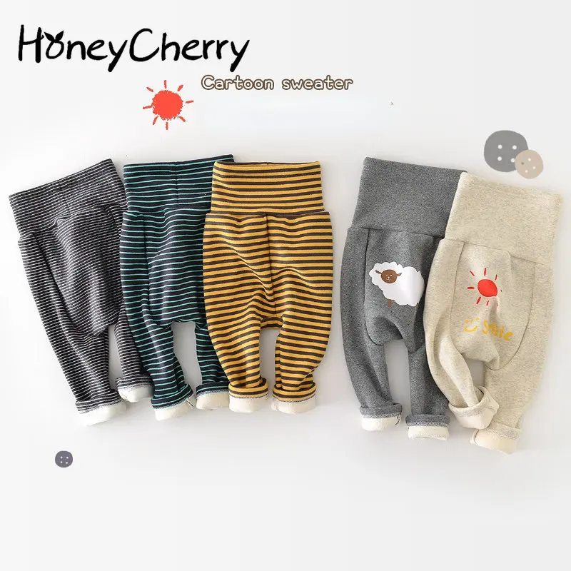 

HoneyCherry Autumn/Winter Baby High Waist Cartoon Striped Harem Pants Padded Printed Warm Pants Girls Pants