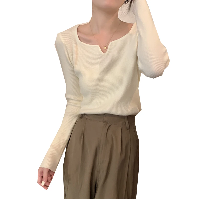 

Футболка женская хлопковая с длинным рукавом, белый пикантный Асимметричный Приталенный топ, Базовая рубашка с квадратным вырезом, весна-о...