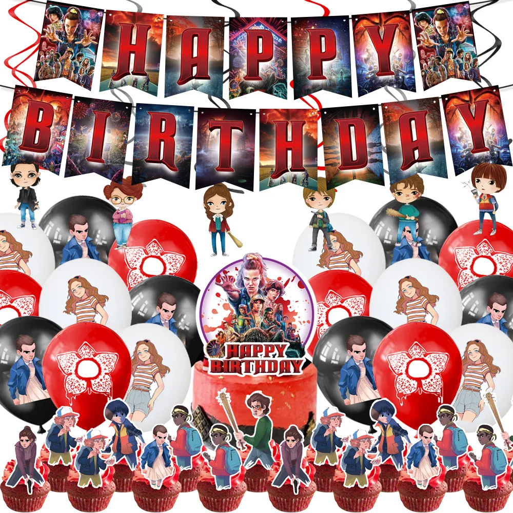 64Pcs Disney Stranger Things Birthday Party Supplies Baby Shower Disposable Tableware Sets Stranger Things Plates Cups Flags