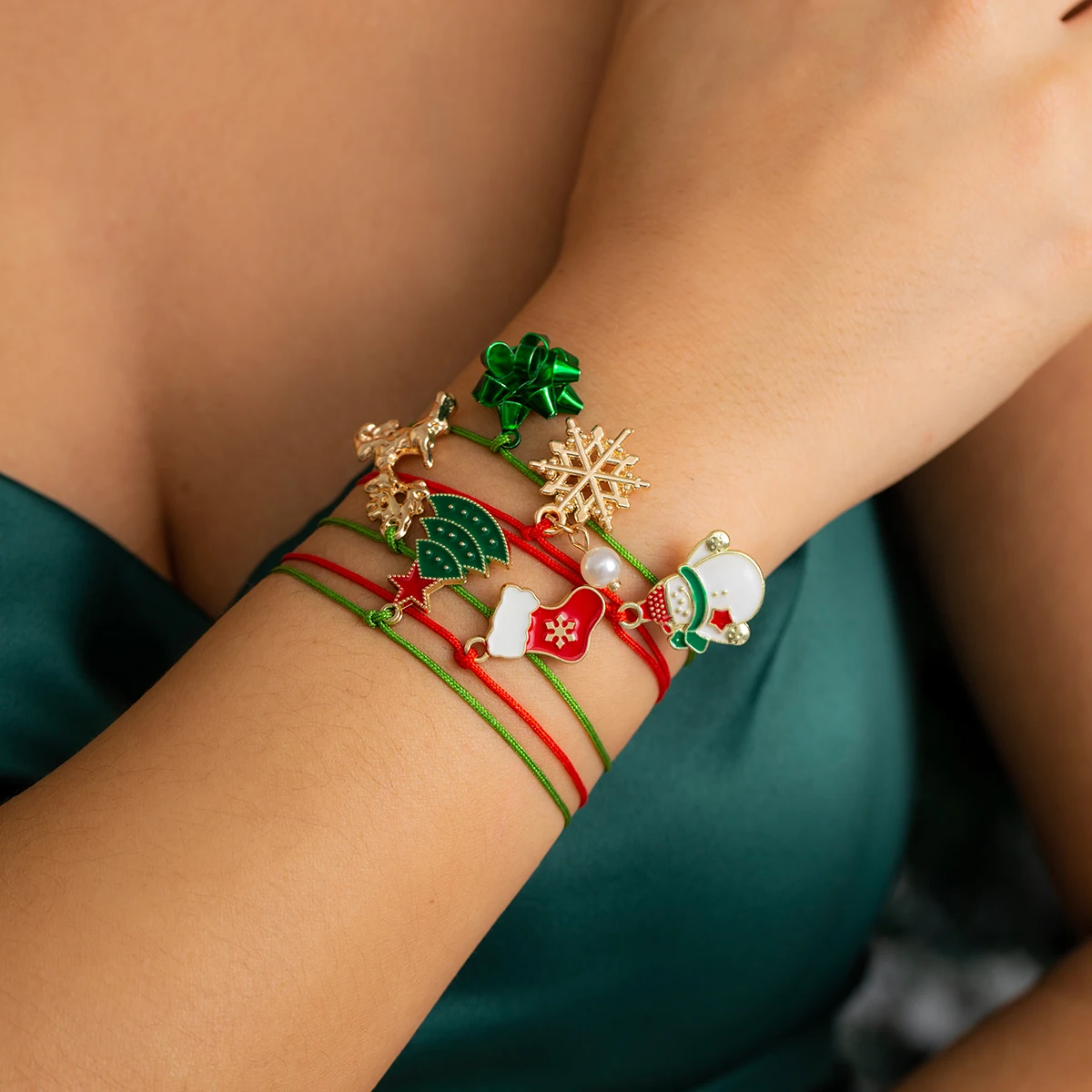 

IngeSight.Z Christmas Theme Braided Rope Adjustable Bracelet for Women Pearl Snowflake Socks Christmas Tree Pendant Bracelets