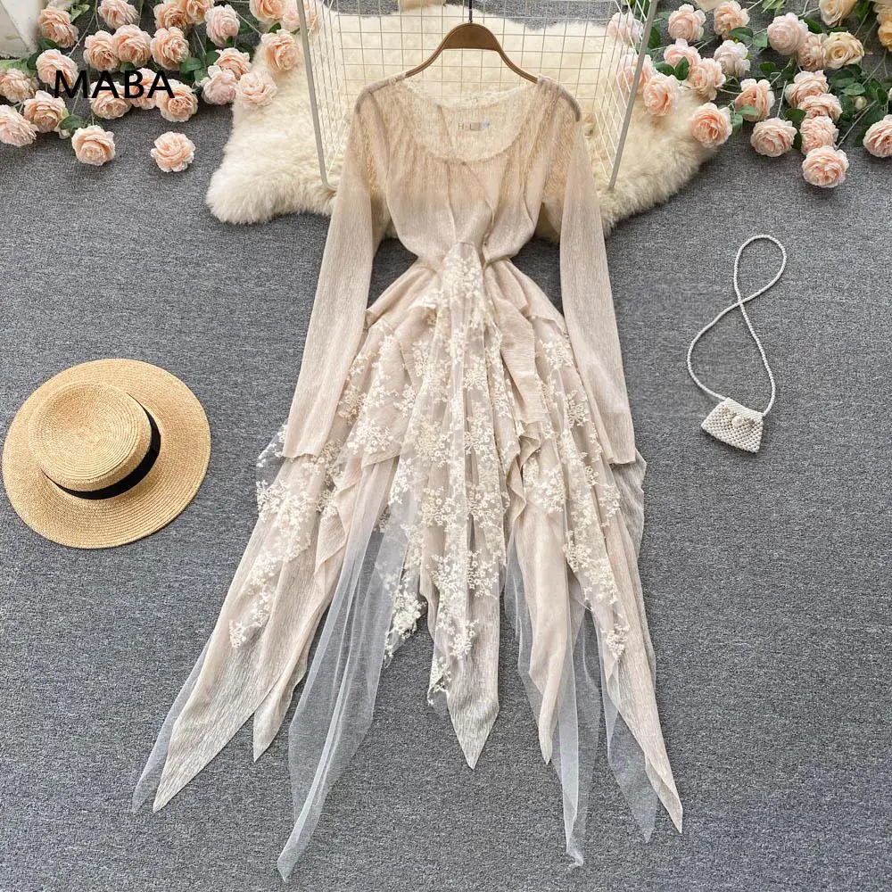 

Women Long Sleeved Irregular Dress Spring Autumn High Waist Solid Color Big Swing Beach Boho Long Dress Elegant Chic Party Dress