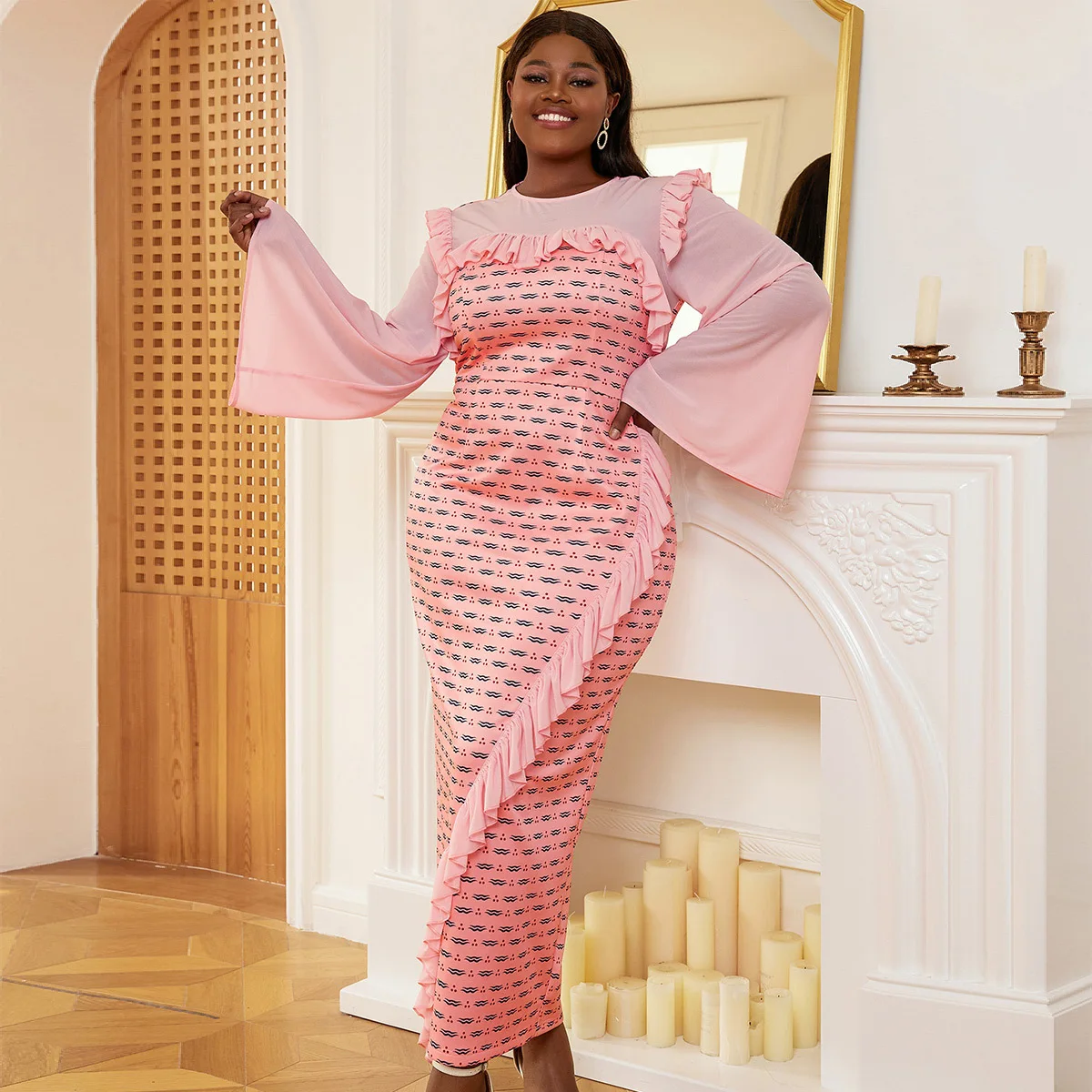 

Printed Folral Bodycon Dress Evening Party Dress Women Elegant Long Flare Sleeve O Neck Ruffles High Waist Pink African Dress