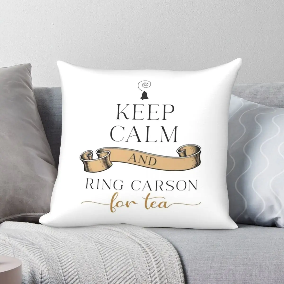 Фото Наволочка Keep Calm And Ring Carson Square, полиэстер, лен, бархат, с узором, на молнии, декоративная наволочка для дивана, 45x45 см №1