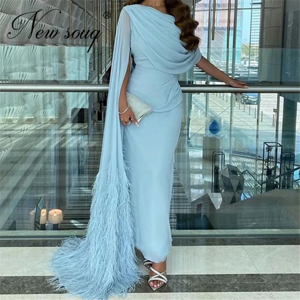

Elegant Blue One Shoulder Evening Dresses Arabic Dubai 2022 Handmade Feathers Mermaid Celebrity Prom Dress Wedding Party Gowns
