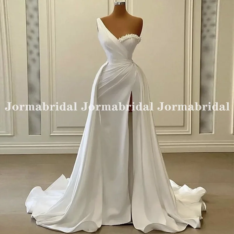 

2023 High Slit Mermaid Wedding Dress with Detachable Skirt One Shoulder White Satin Pearls Bridal Gown vestido de noiva فستان