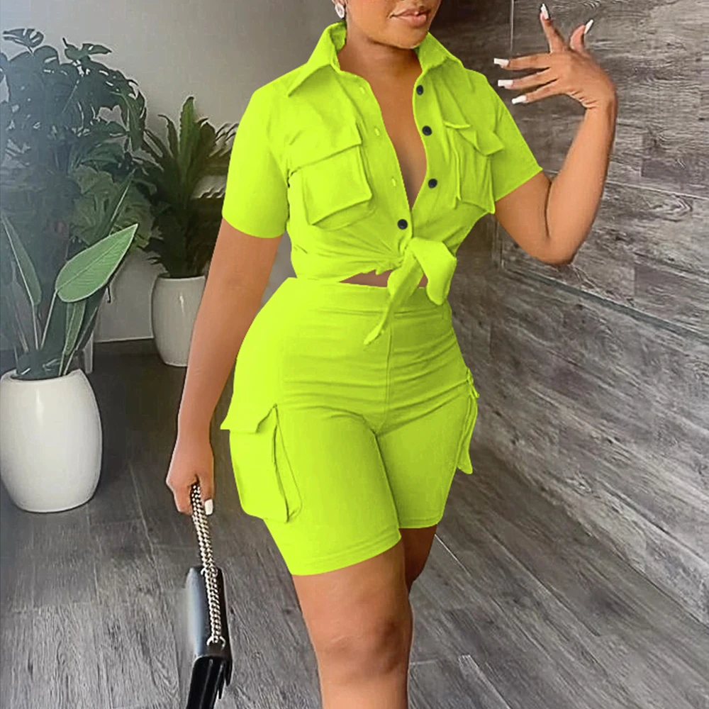 

Summer Camouflage Colour Short Set Women Short Sleeve Shirt Shorts Casual Solid Color 2 Piece Set Outfits 2023