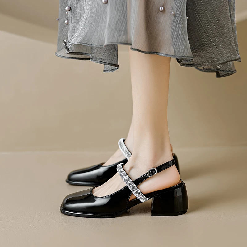 DIMANYU Women's Mary Jane Shoes Summer 2023 New Large Size 41 42 43 Square Toe Women Openwork Shoes Rhinestone Mid Heels Women