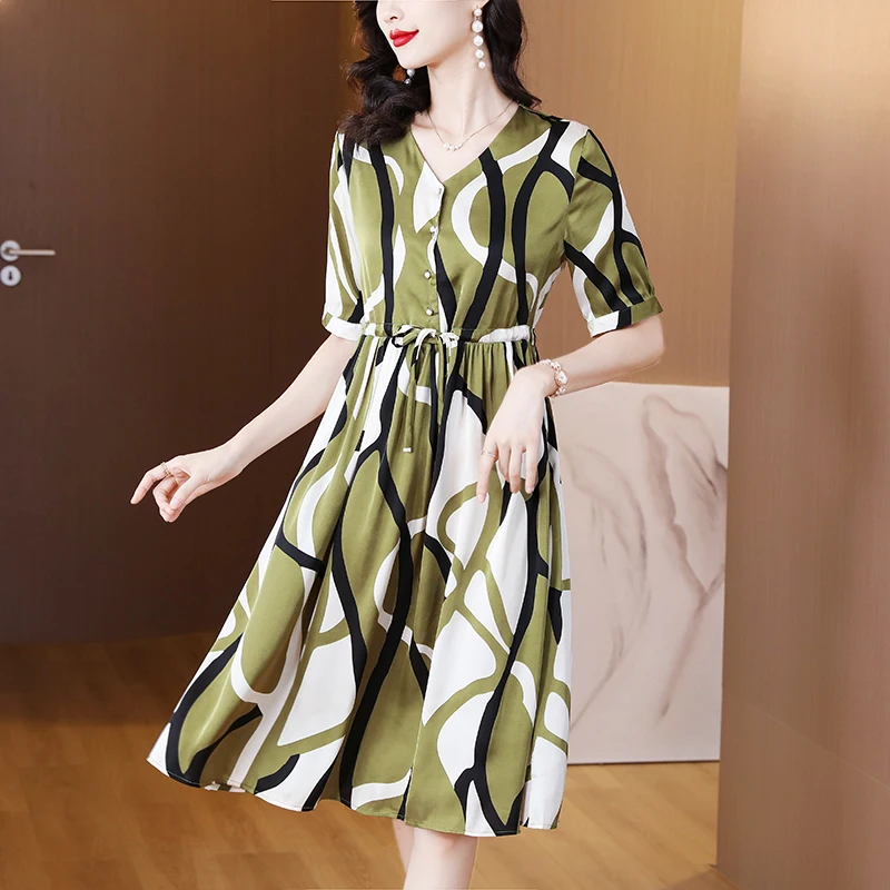 

Женское платье с V-образным вырезом, Зеленое Шелковое длинное платье в полоску с коротким рукавом, свободное французское платье средней длины до колена, модель 2023 года