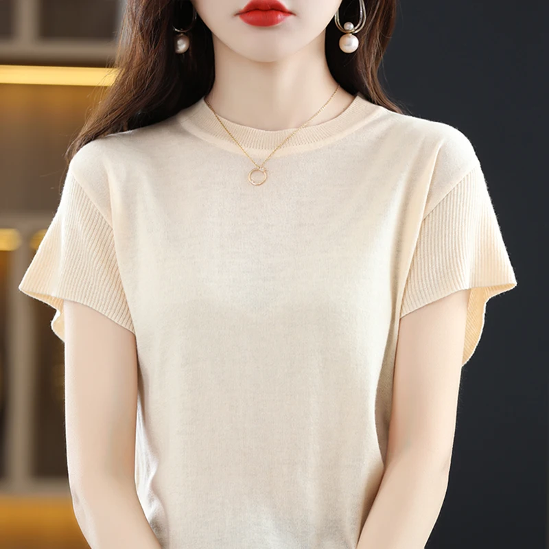 

T-shirt Women Summer Short Sleeve O Neck Worsted Wool Solid Color Tops Casual Cute Loose Knit Short-sleeve Vest Female Clothing