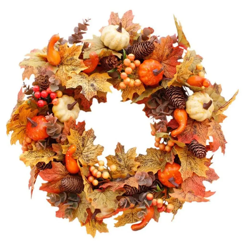 

50cm Autumn Wreath Christmas Decoration Artificial Maple Leaves Pumpkin White Fruits Tree Root Garland Halloween Wreath Decor