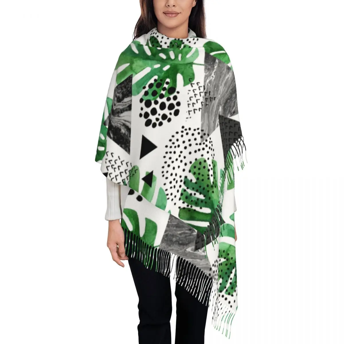 

Watercolor Tropical Leaves And Triangles With Marble Women's Tassel Shawl Scarf Fashion Scarf