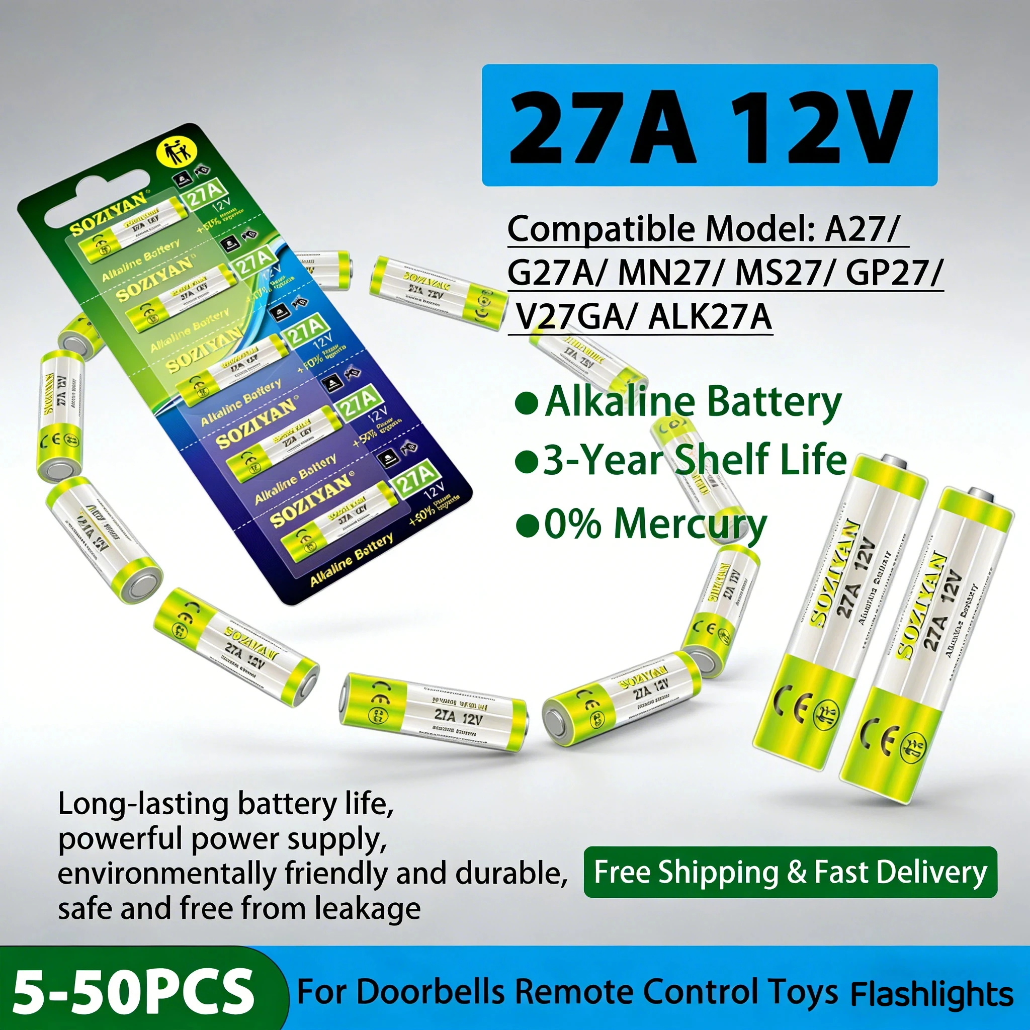 Фото 5-100 шт. щелочных батареек 27A 12V A27 G27A MN27 MS27, долговечные сухие батарейки для дверных звонков, пультов ДУ для гаражей, фонариков №1