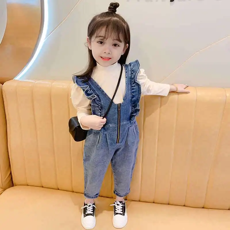 

2022 Spring Autumn Girls Denim Overall Baby One Piece Kids Jumpsuits Children Clothes New Fashion Flying Sleeve Ruched 1 to 6Yrs