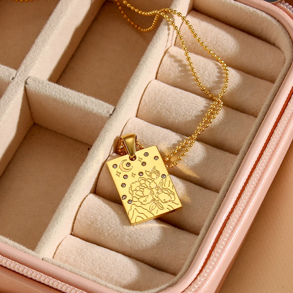 

Vintage Flower Butterfly Moon Star Necklaces High Quality Zircon Square Pendant 18K Plated Beaded Chain Necklaces for Women