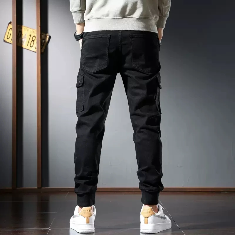 Autumn Black Cargo Pants Jeans Men Streetwear Casual Cotton Slim Fit Elastic Waist Drawstring Trousers CP2083
