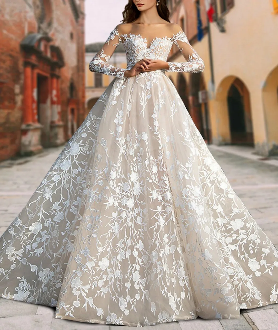 

2023 A-line Princess Wedding Dress Sheer Long Sleeve Jewel Neck Lace Appliques Bridal Gown Vestidos Noiva Robe De Mariage