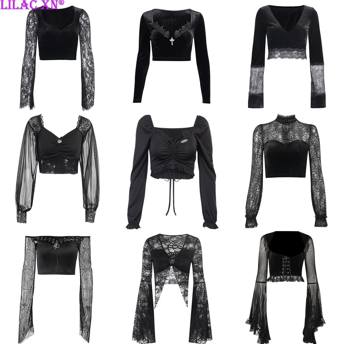 Goth Sexy Lace Mesh Flared Long Sleeve Corset Crop Tops Y2K Harajuku Vintage Aesthetic Black T-shirts Women Tops Tees Streetwear