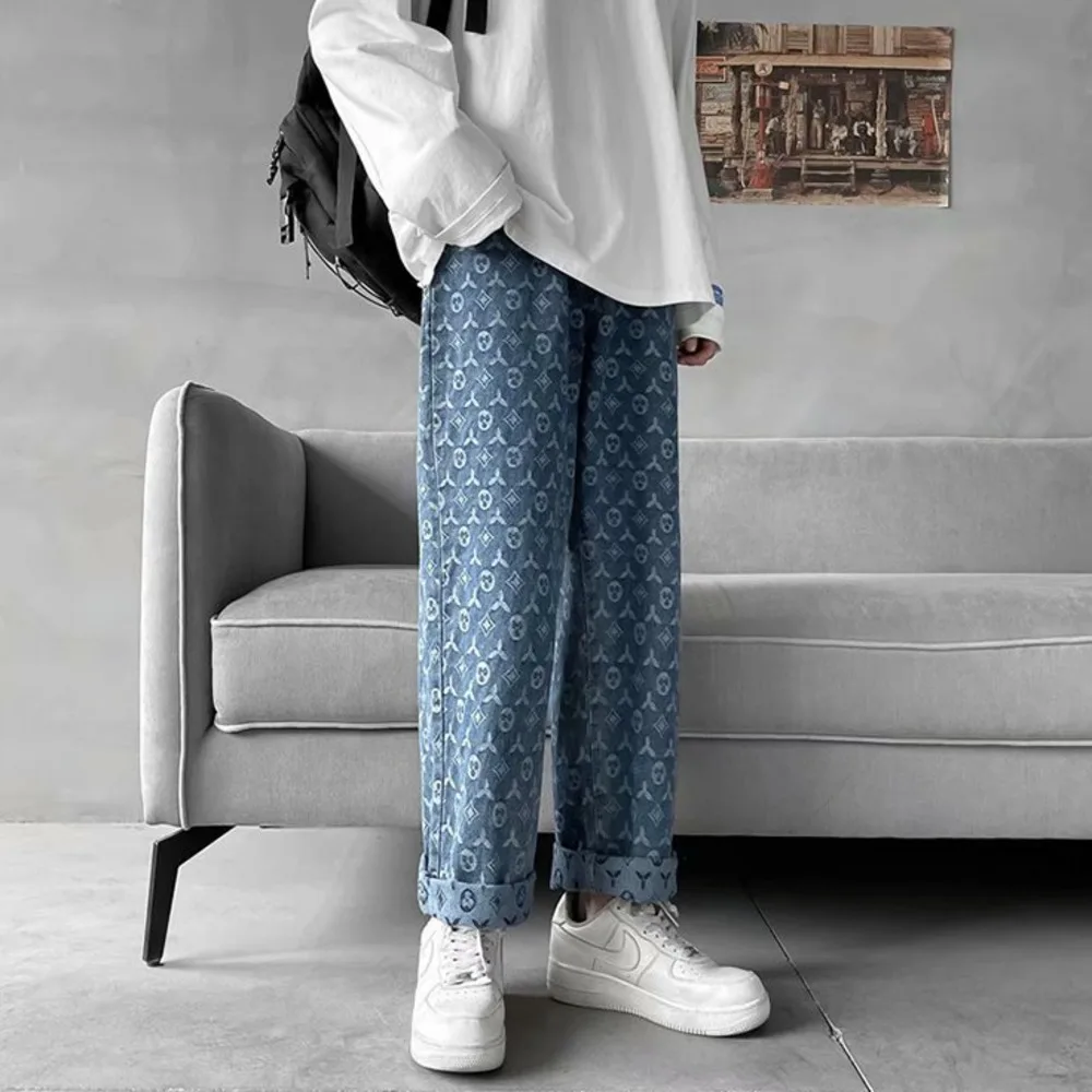 American Retro Jacquard Jeans Men Autum Summer Thin Street Ruffian Handsome Loose Pants Straight Drop Vintage Denim Distressed