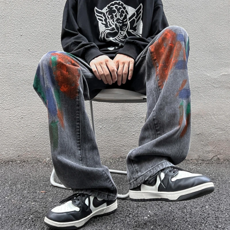 Cotton Euro-american Vibe Pants INS High Street Tie-dye Jeans for Men American Style HiPHOP Loose Straight Leg Wide Leg Pants