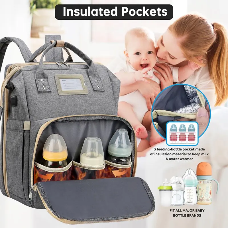 Luxuriously Crafted Multifunctional Baby Changing Bag Backpack with Foldable Crib, USB Charging Port, Insulated Milk Bottle Pock