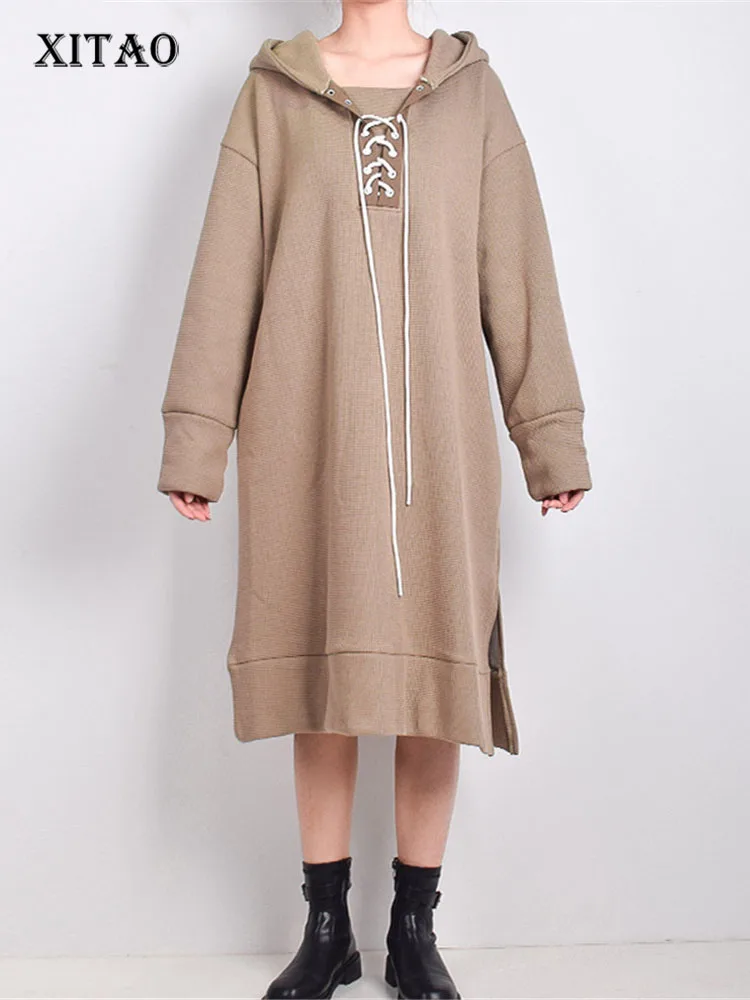 XITAO Winter New Dress Fashion Draw String Bandage Splicing Hooded Collar Pullover Loose All-match Sweatshirt Dress LDD2231