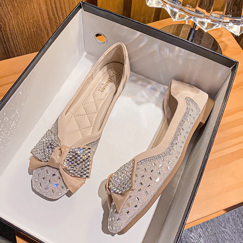 Square Toe Flats Shoes for Women's 2023 New Bow Knot Rhinestone Soft Sole Loafers Large Size Zapatos De Mujer Lolita Shoes