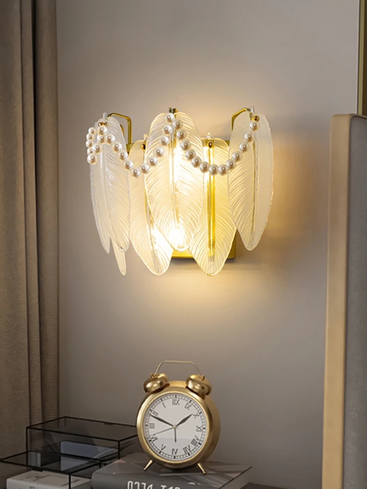 

Wall lamp light luxury master bedroom bedside table living room background wall modern simple pearl feather glass lamps French