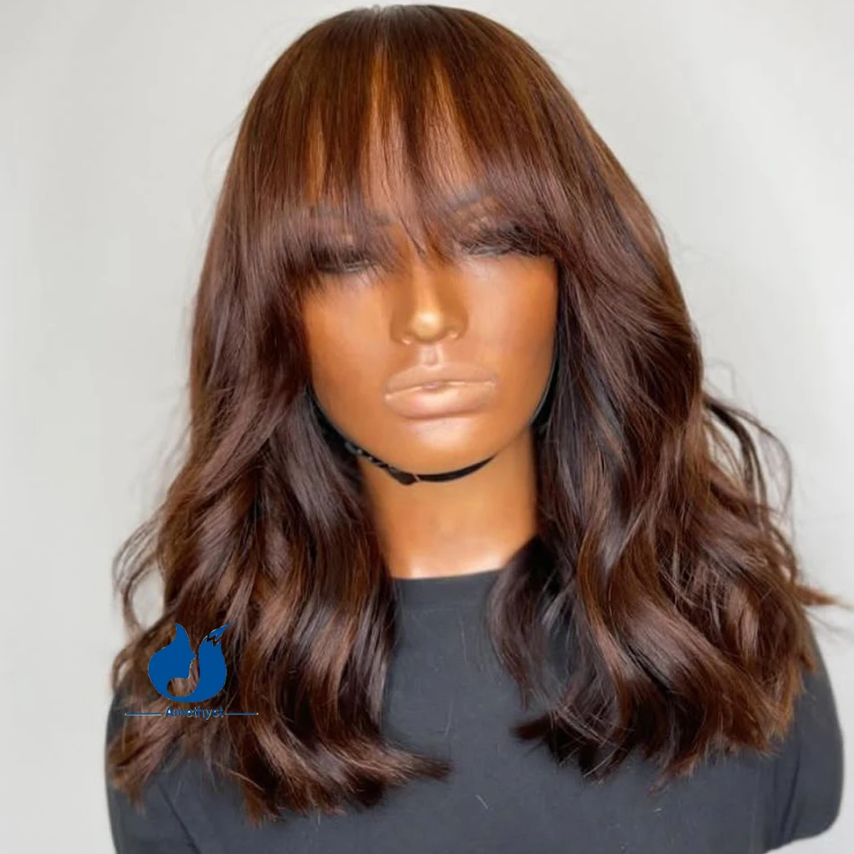 Парик Dark Auburn с коричневым Бобом 100% натуральные волосы для женщин челкой