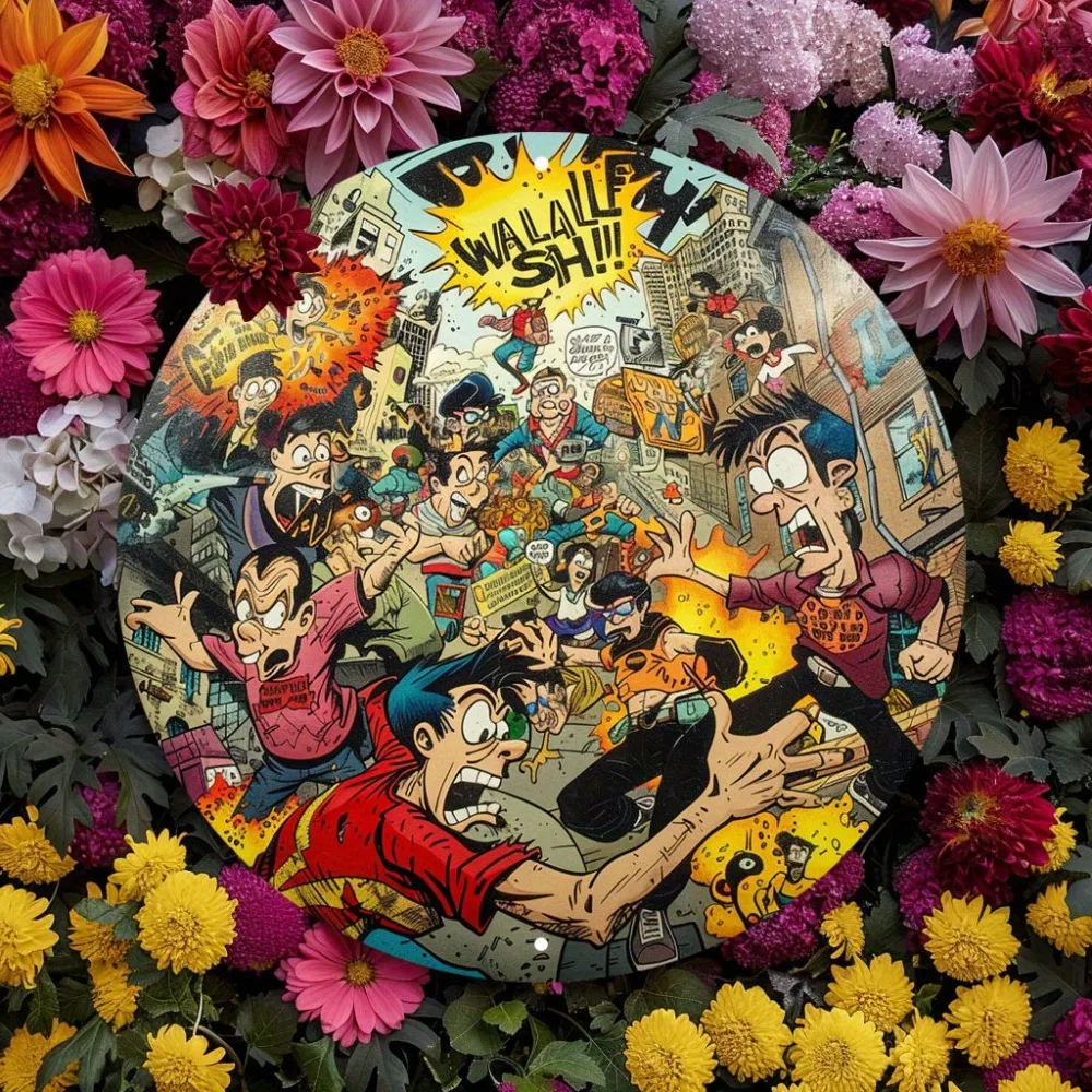 zywała grafika ścienna z komiksowymi paskami: dekoracyjny obraz okrągłymi metalowymi etykietami idealny na urodziny święta panieński