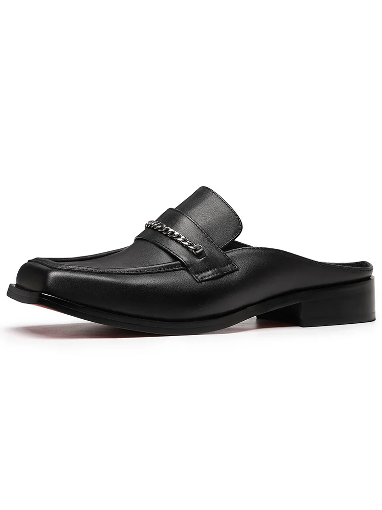 

Мужские модные полутапочки из натуральной кожи с серебряной цепочкой, металлическая верхняя одежда, Летние слипоны, лоферы, простые искусственные мужские