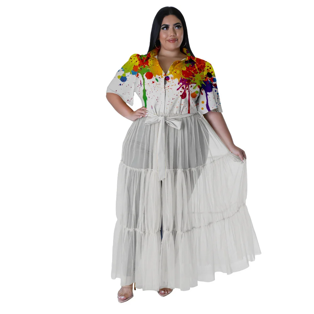 Plus Size Large Women's Dress 2023 New Spring Summer New Shirt Mesh Print Top Dress Loose Casual Short Sleeve Shirt Skirt