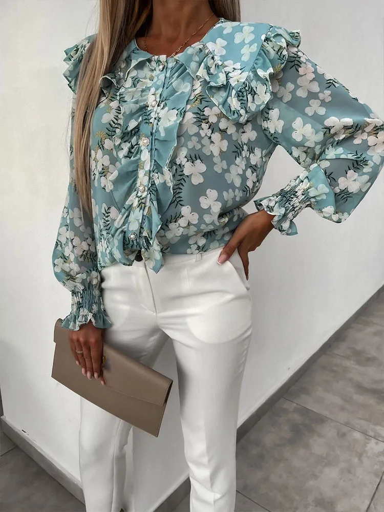 

Elegant O Neck Ruffle Tops 2022 Spring Casual Commuter Shirt Top Women Women Fashion Printed Long Sleeve Blouse Blouse Office