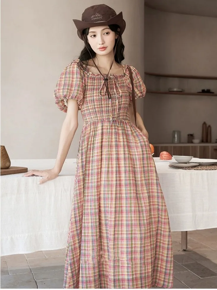 

Женское винтажное длинное платье в клетку, летнее Хлопковое платье длиной до щиколотки с пышными рукавами и завязками, 2023