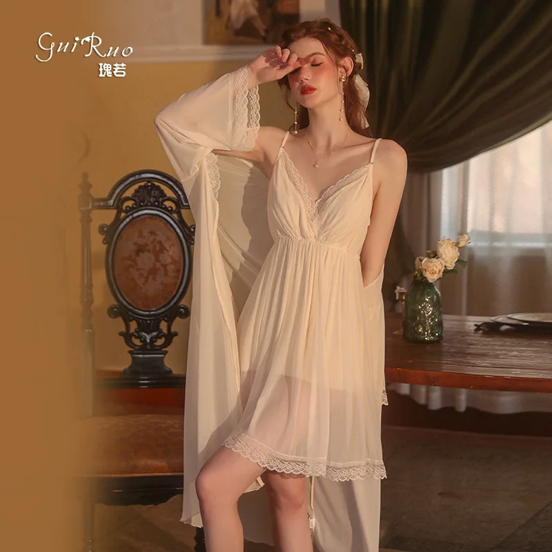 

Female Twinset Robe Set Lace Kimono Nightdress Sleepwear Spring Summer Bathrobe Nightgown Suit Women Satin Home Wear Clothing