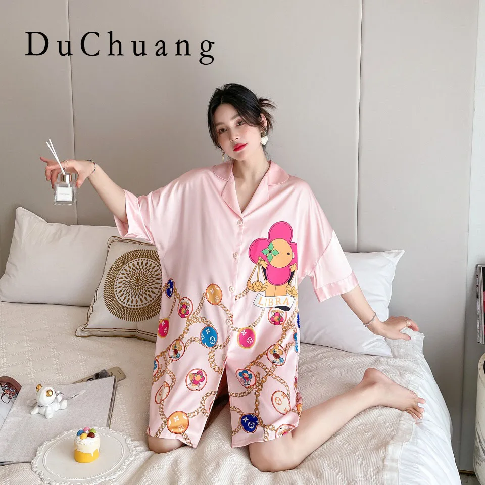 

[Women's pajamas] [high-quality]New Short Sleeve Long Pants Ice Silk Set Korean Version Sweet Sunflower Large Homewear Pajamas