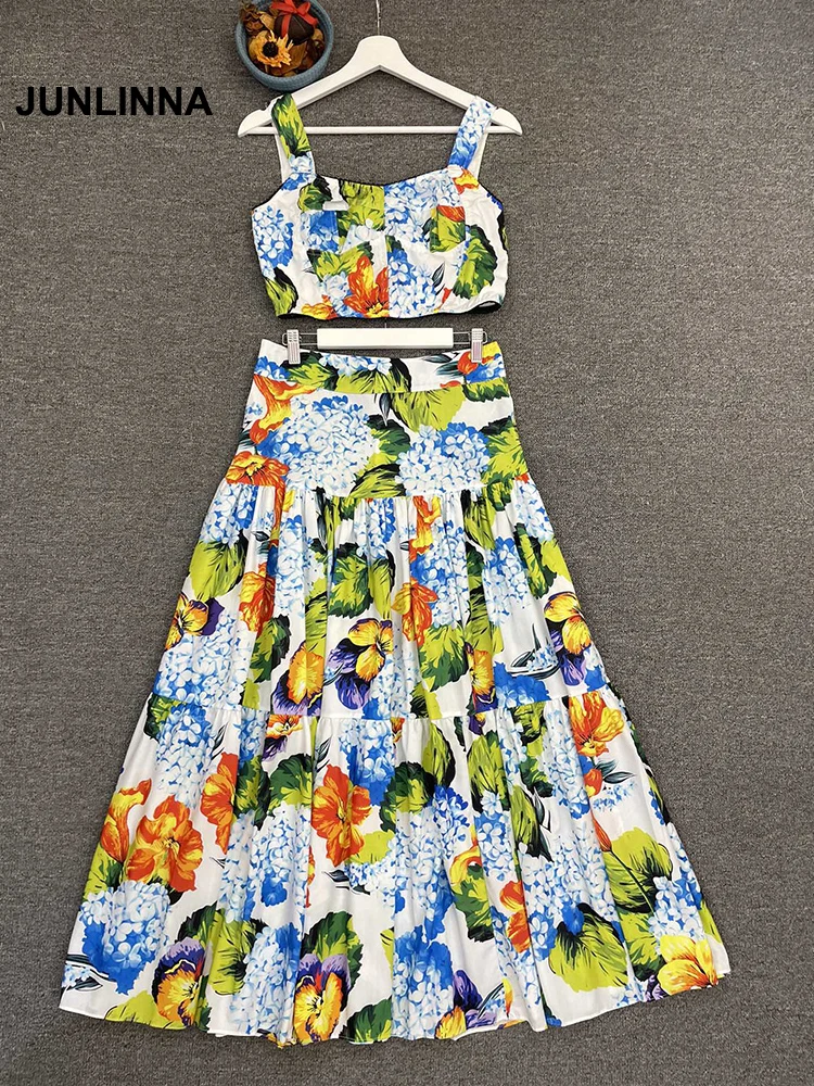 

JUNLINNA Fashionable Women Summer Skirt Sicilian Suit Short Crop Top+Flowers Print Long Skirt Holiday Party Two Piece Sets