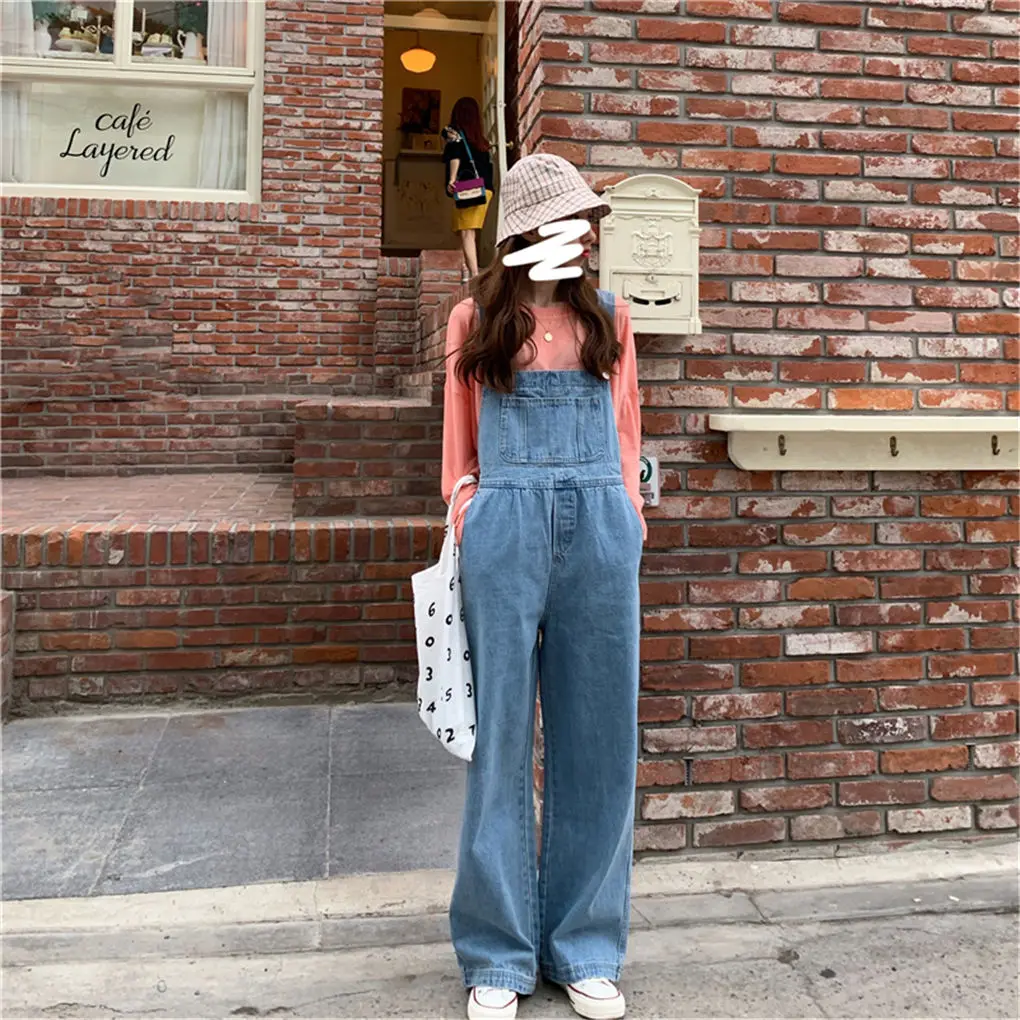 Women Suspender Jeans Wide Leg Loose Pants Straight Leg Trousers  Light Blue  XL