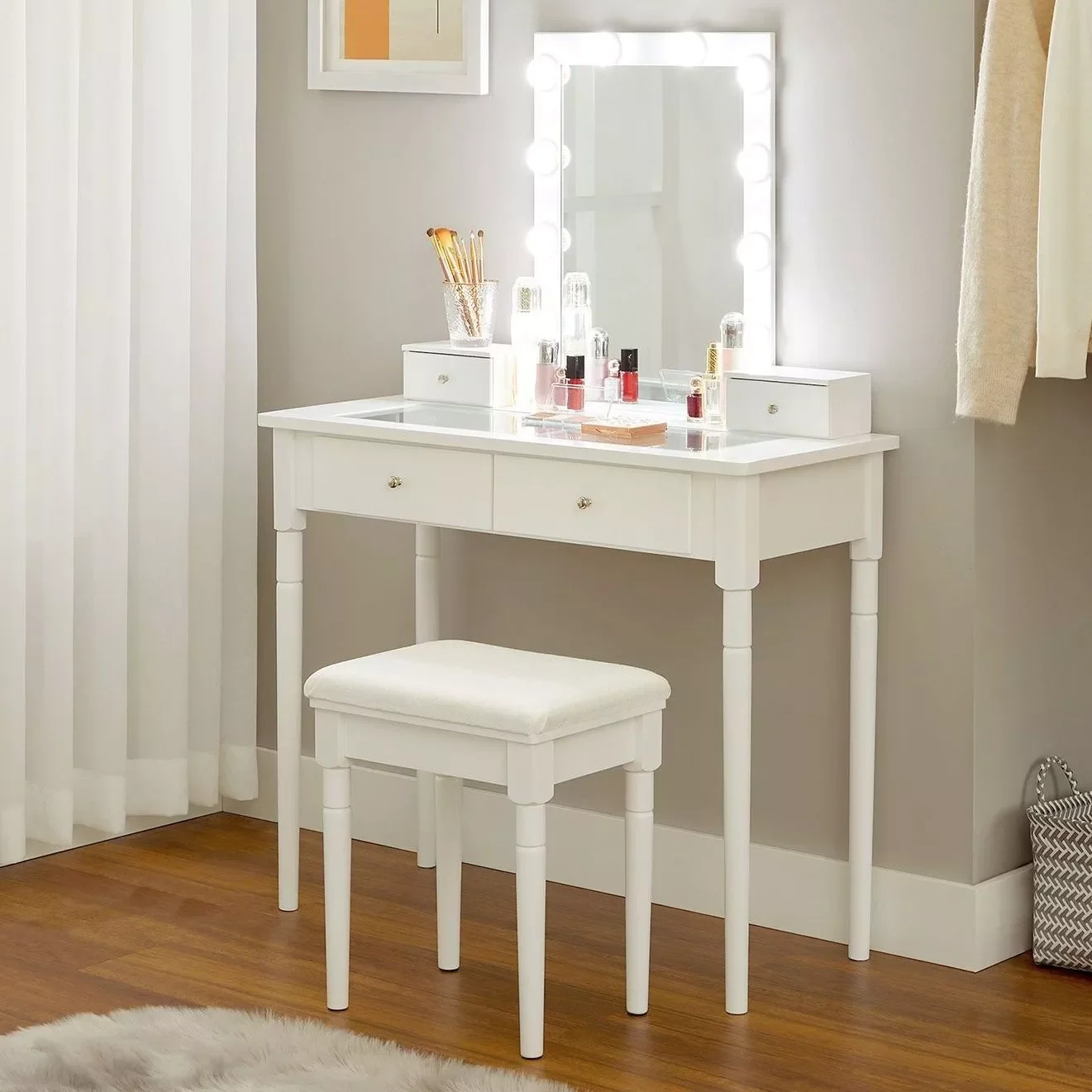 

Vanity Set, Makeup Table with Stool, 10 Dimmable Light Bulbs, 2 Large Drawers, 2 Small Drawers, Clear Tempered Glass Top, white