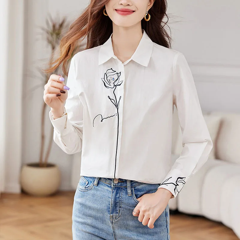 Новая женская рубашка с длинным рукавом и отложным воротником вышивкой блузка