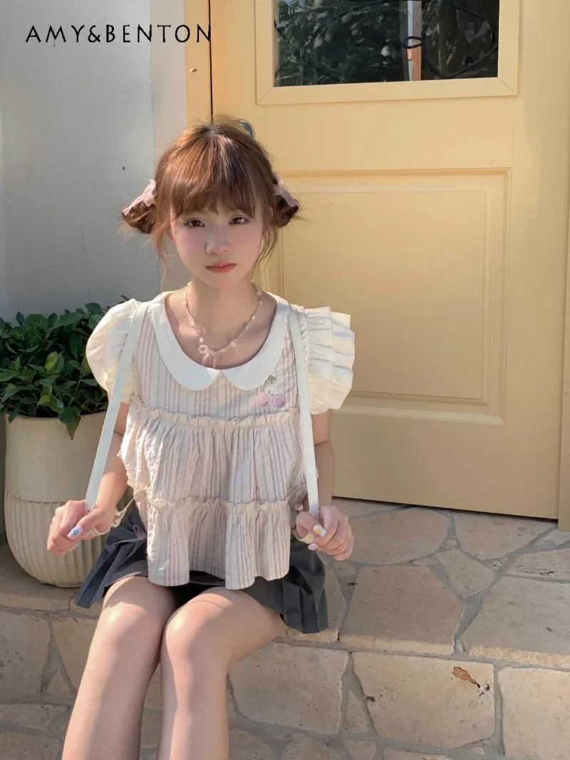 Лето 2024 розовая рубашка в полоску с кукольным воротником и коротким рукавом топ