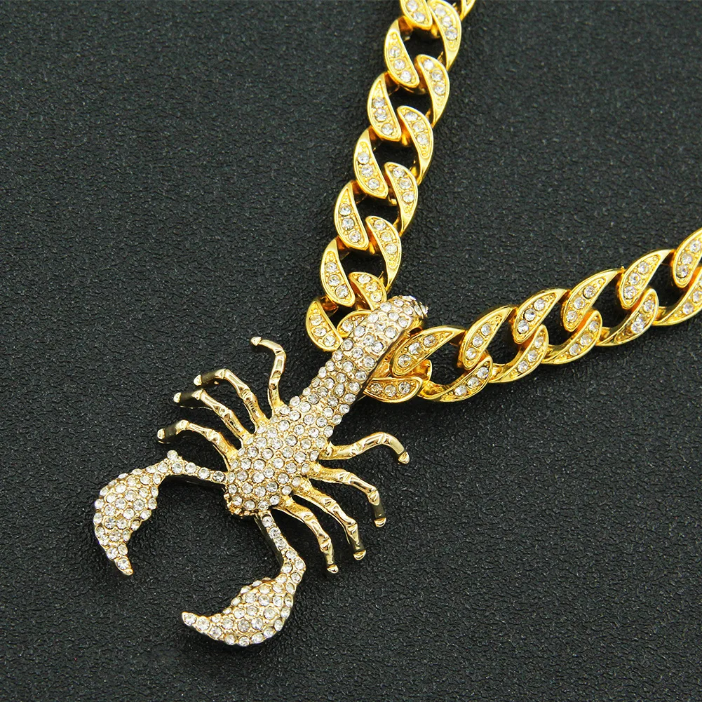 

Hip Hop Iced Out Cuban Chains Bling Diamond Rhinestone Animal Scorpion Pendant Necklaces Gold Chain Charm Jewelry for Men Choker