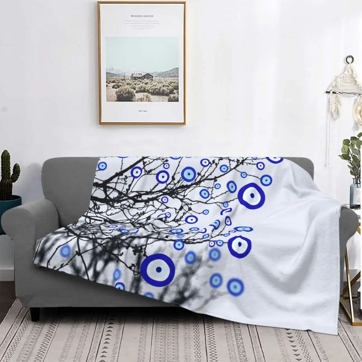 

Warm Flannel Nazar Hamsa Boho Throw Blankets for Bedroom Couch Home Fleece Soft Evil Eye Hanging Beads In Blue And Gold Blanket