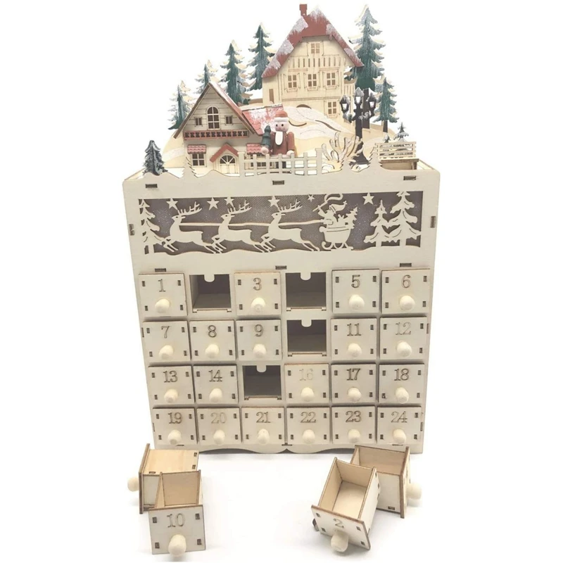 

Деревянный Рождественский календарь с обратным отсчетом к Рождеству, светодиодный праздничный декор, 24 ящика со светильник кой